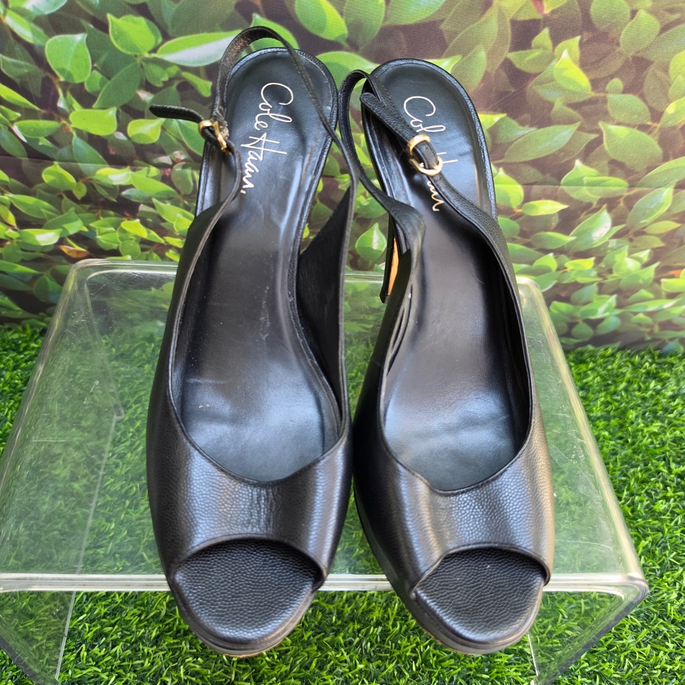 Cole Haan Black Pebbled Leather Peep Toe Slingback Platform Heels 9.5B